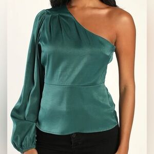 NEW Lulus Meet Me At Happy Hour Long Sleeve One Shoulder Teal Satin Top size S